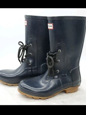 HUNTER Ackley Women's Sz 6 Mid Calf Laced Navy WATERPROOF Rain Rubber Boots